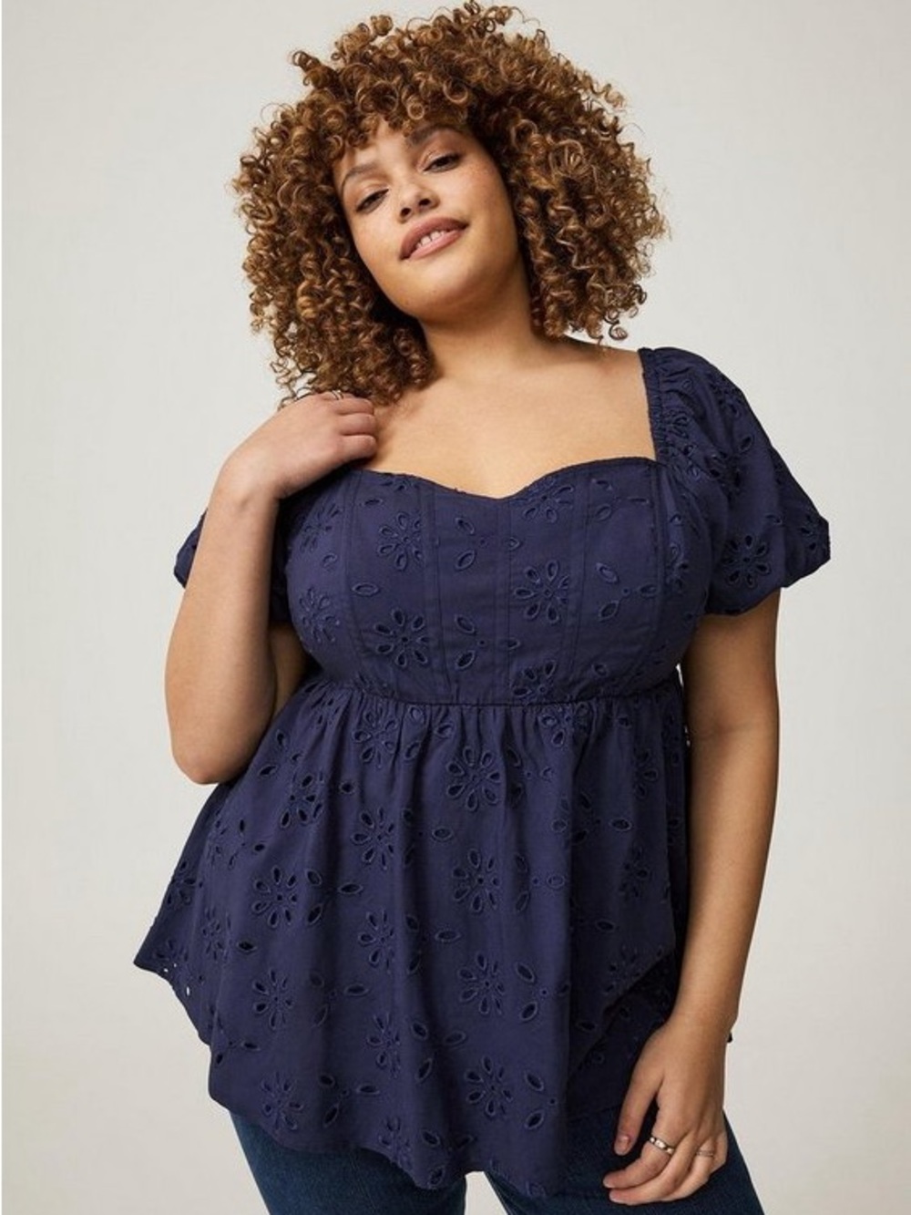 NWT Torrid Babydoll Eyelet Challis Blouse Short Sleeve Peacoat Blue
